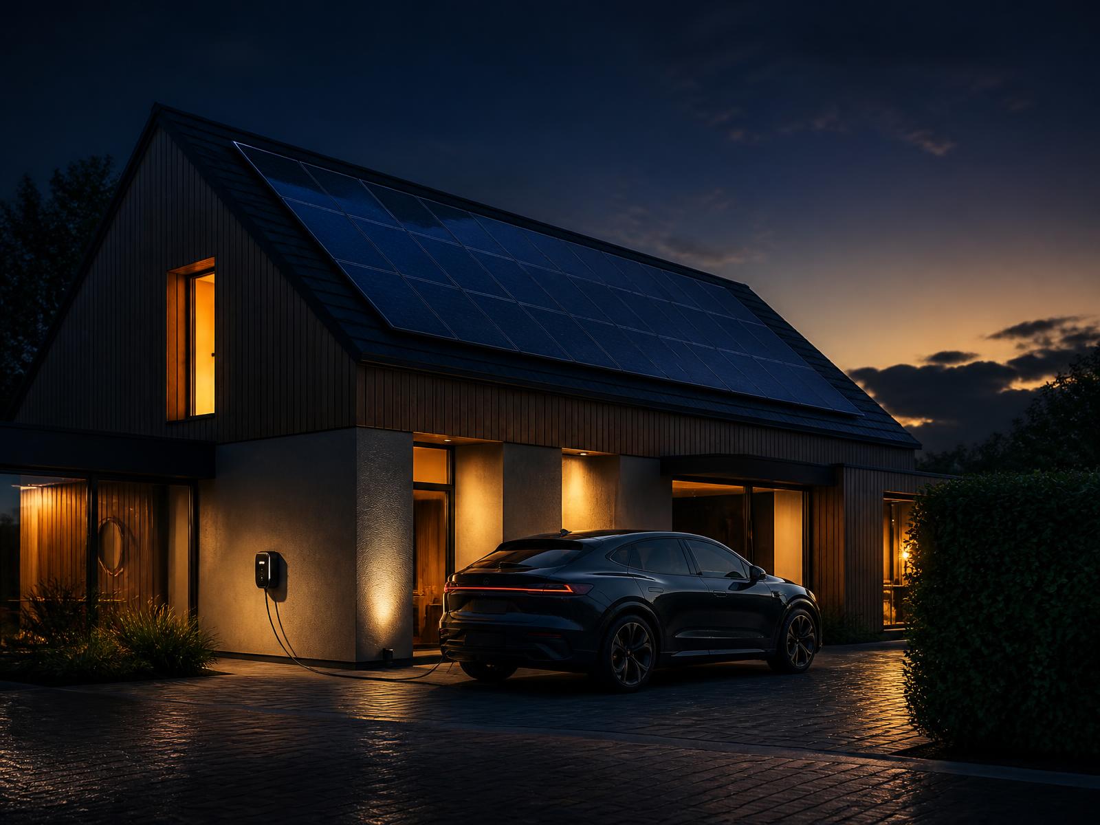 Modern UK home at dusk with rooftop solar panels and an electric car charging on the driveway