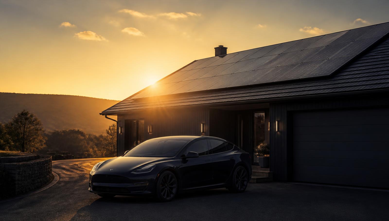 Sunrise over a rooftop solar array with an electric car parked on the driveway below